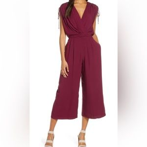 Ruched shoulder maroon cropped jumpsuit